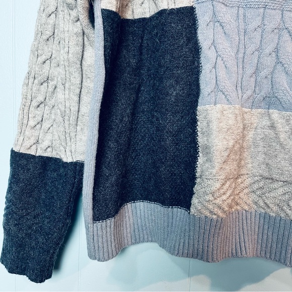 Patchwork Color Block Crew Sweater Sz Large Fringe Cable Knit Chunky Blue Gray - Picture 4 of 10